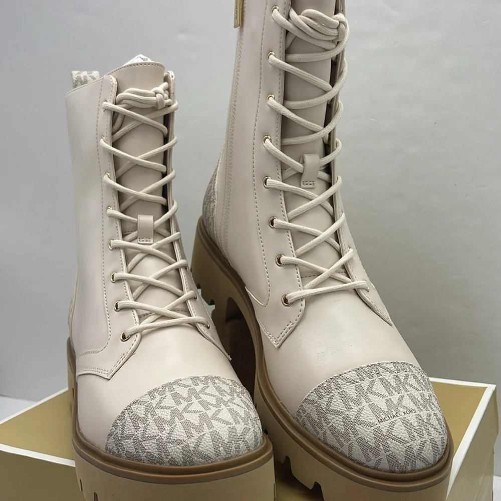 MICHAEL KORS Weiss Leather and Signature Logo Combat Bootie Faux Leather  Vanill